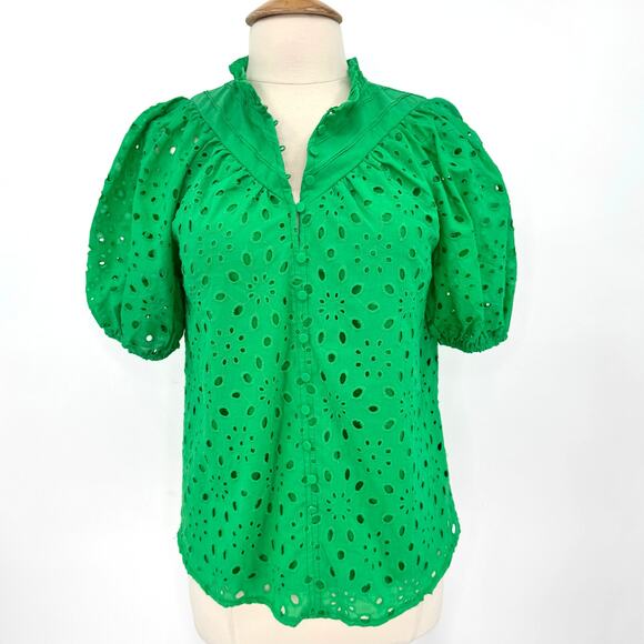 NWT Pretty Garden Eyelet Puff Sleeve Blouse Top Kelly Green Womens Size S - Picture 3 of 9